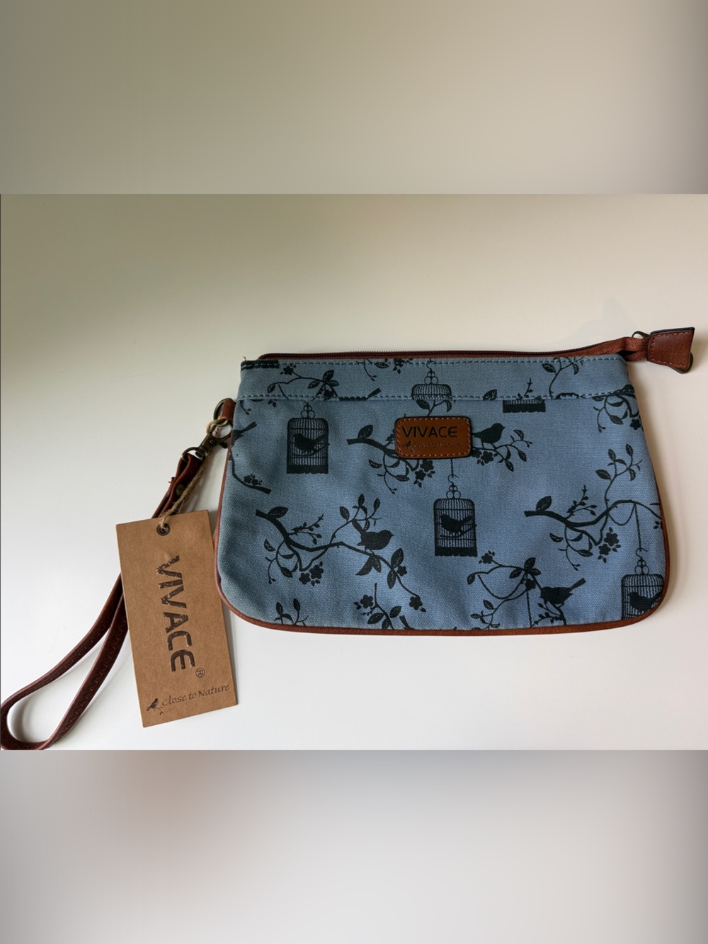 Vivace Blue Floral Canvas and Leather Wristlet V8758